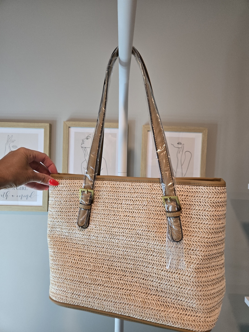 Style & Co. Natural Straw Tote with Tan Trim and Zip Pocket - Picture 7 of 16